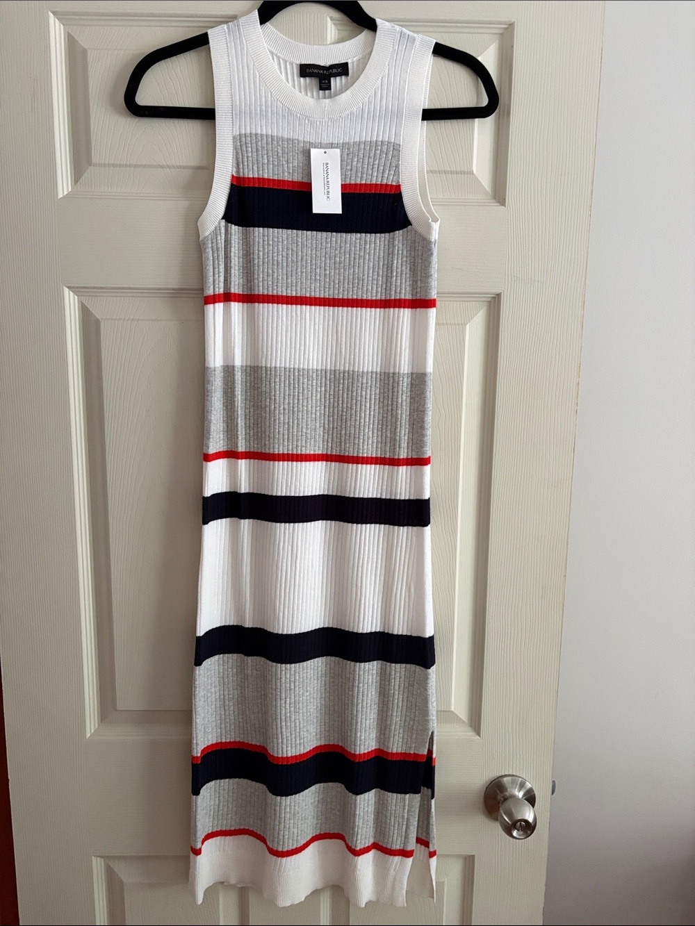 NWT Banana Republic Ribbed Knit Maxi Dress in White, Gray, Navy & Red XS